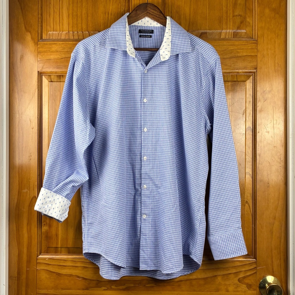 Tailorbyrd Collection Mens Blue White Check Non-Iron Trim Fit Shirt 17.5 34/35